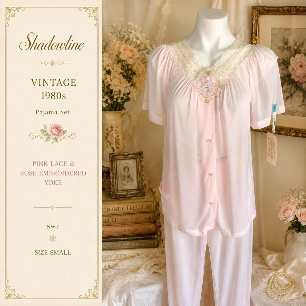 Vintage Shadowline Pajamas 1980s Pink Lace Rose Embroidered Yoke Pajamas 34